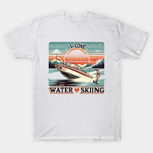 Serene Waters: Woman on Boat With I Love Water Ski T-Shirt